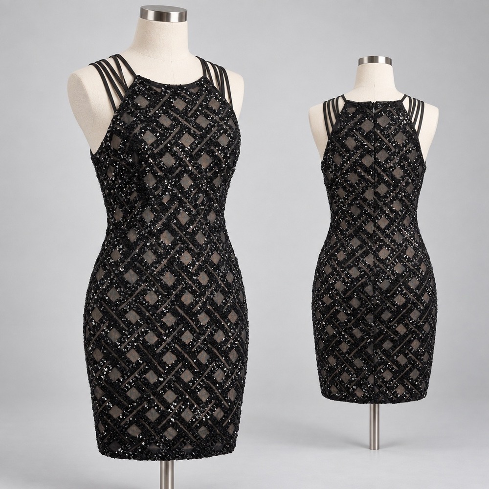 Lauren Ralph Lauren Black Sequin Cocktail Party Halter Cage Strap Dress Size 12